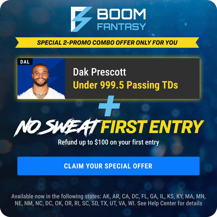NFL player prop promo Week 11 from Boom Fantasy - Dak Prescott under 999.5 touchdowns. 