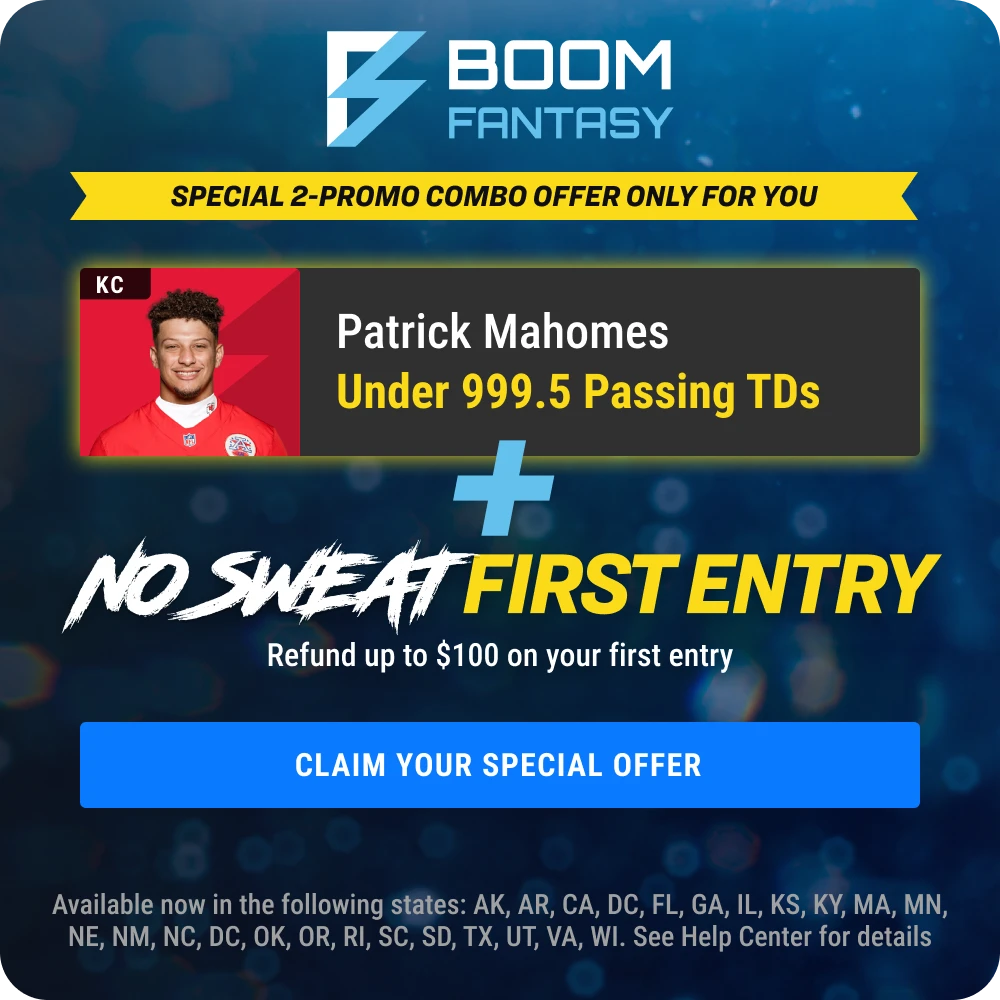 Chiefs vs. Eagles player props for Monday, November 20 from Boom Fantasy - promo is Patrick Mahomes under 999.5 passing TDs.