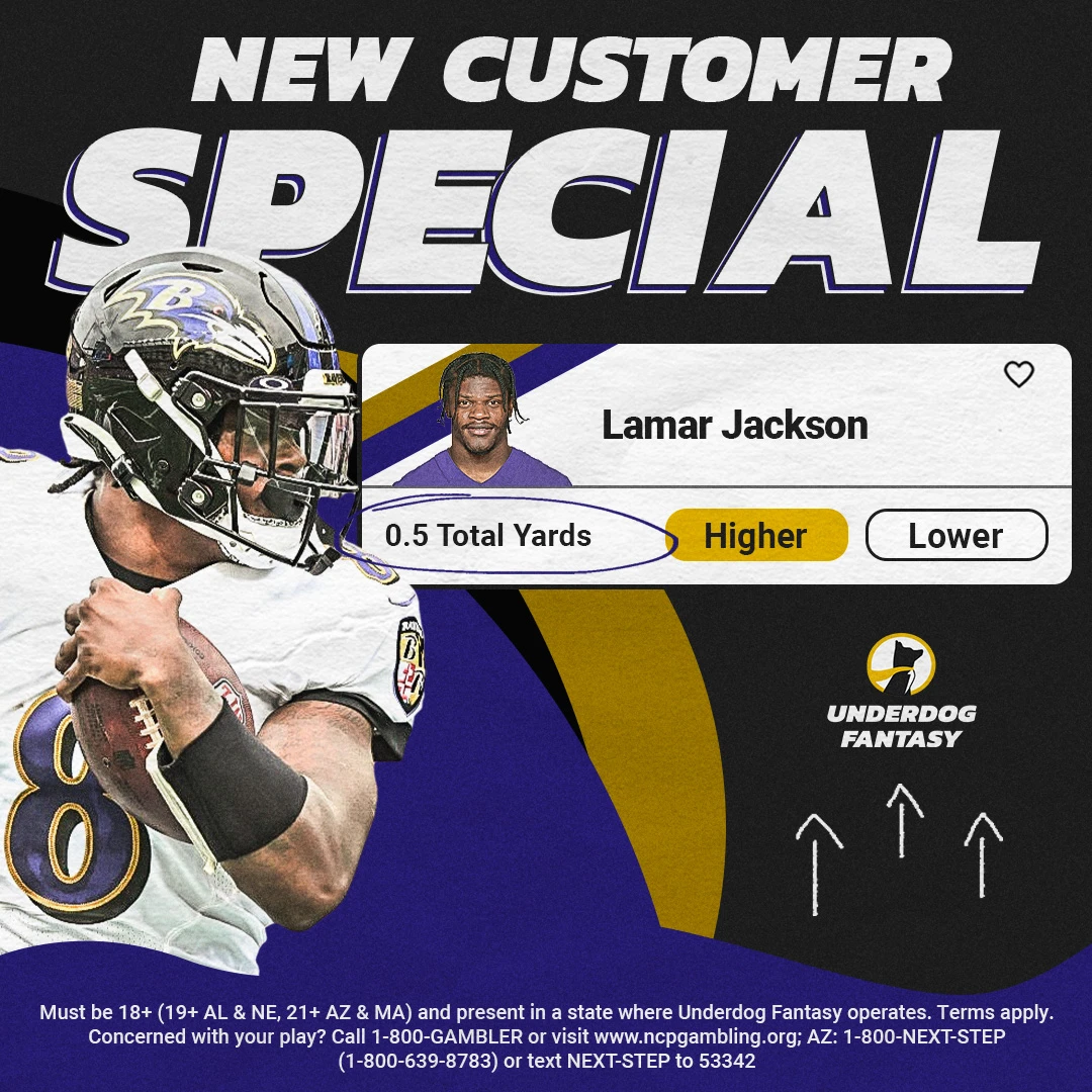 NFL player props special for the Divisional Round is Lamar Jackson over 0.5 total yards. 