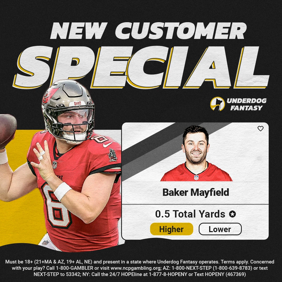 Super Wild Card Prop Bets special at underdog fantasy is Baker Mayfield over 0.5 pass yards on Monday, Jan. 15.