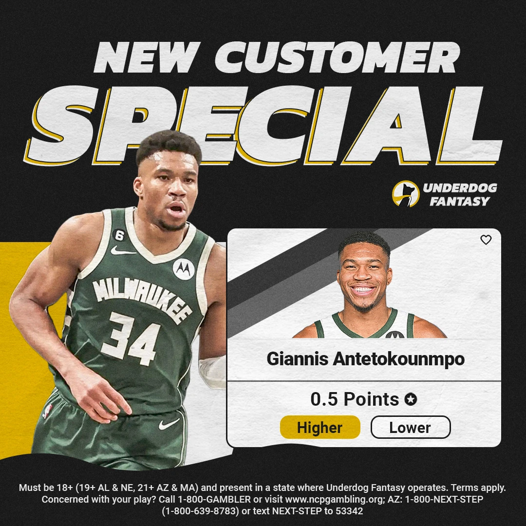 Underdog Fantasy NBA player props special is Giannis Antetokounmpo over 0.5 points. 