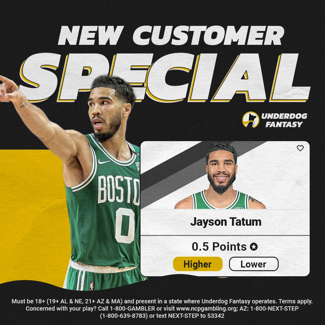 NBA player prop special on underdog fantasy is jayson tatum over 0.5 points. 