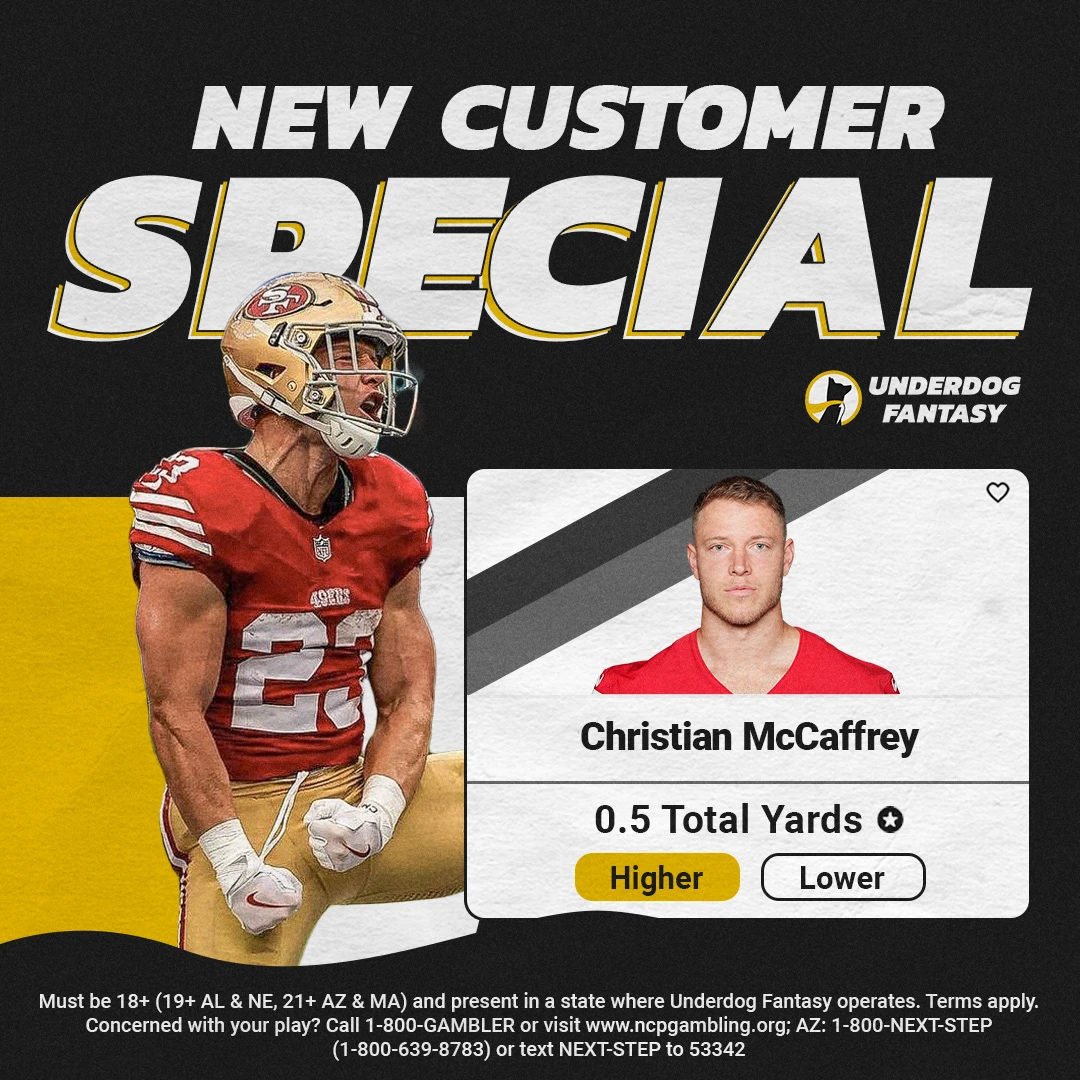 NFL player prop special for Conference Championship Round is Christian McCaffrey over 0.5 total yards from underdog fantasy. 