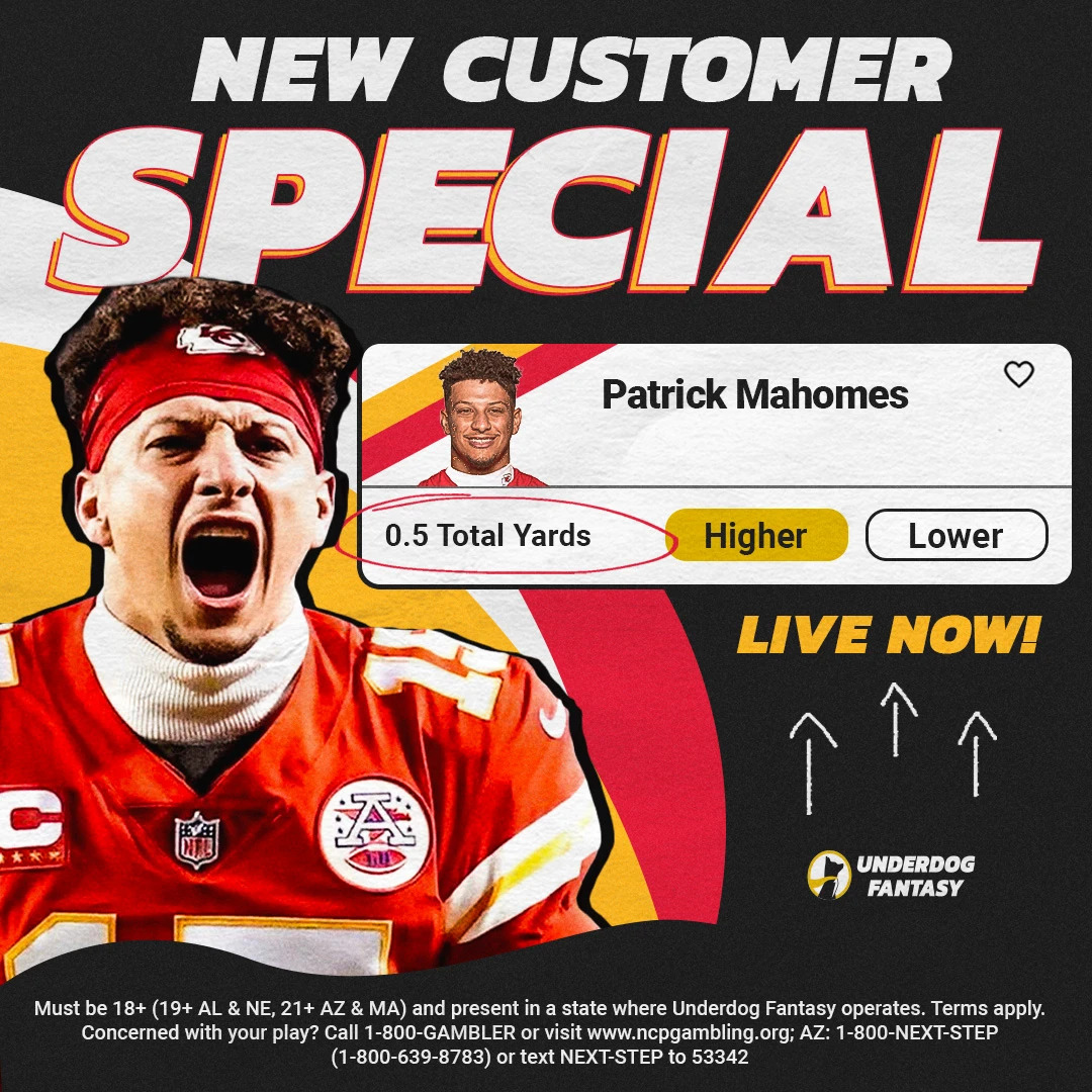 NFL player prop special for Super Wild Card weekend is Patrick Mahomes over 0.5 pass yards. Available to new customers of Underdog Fantasy only. 