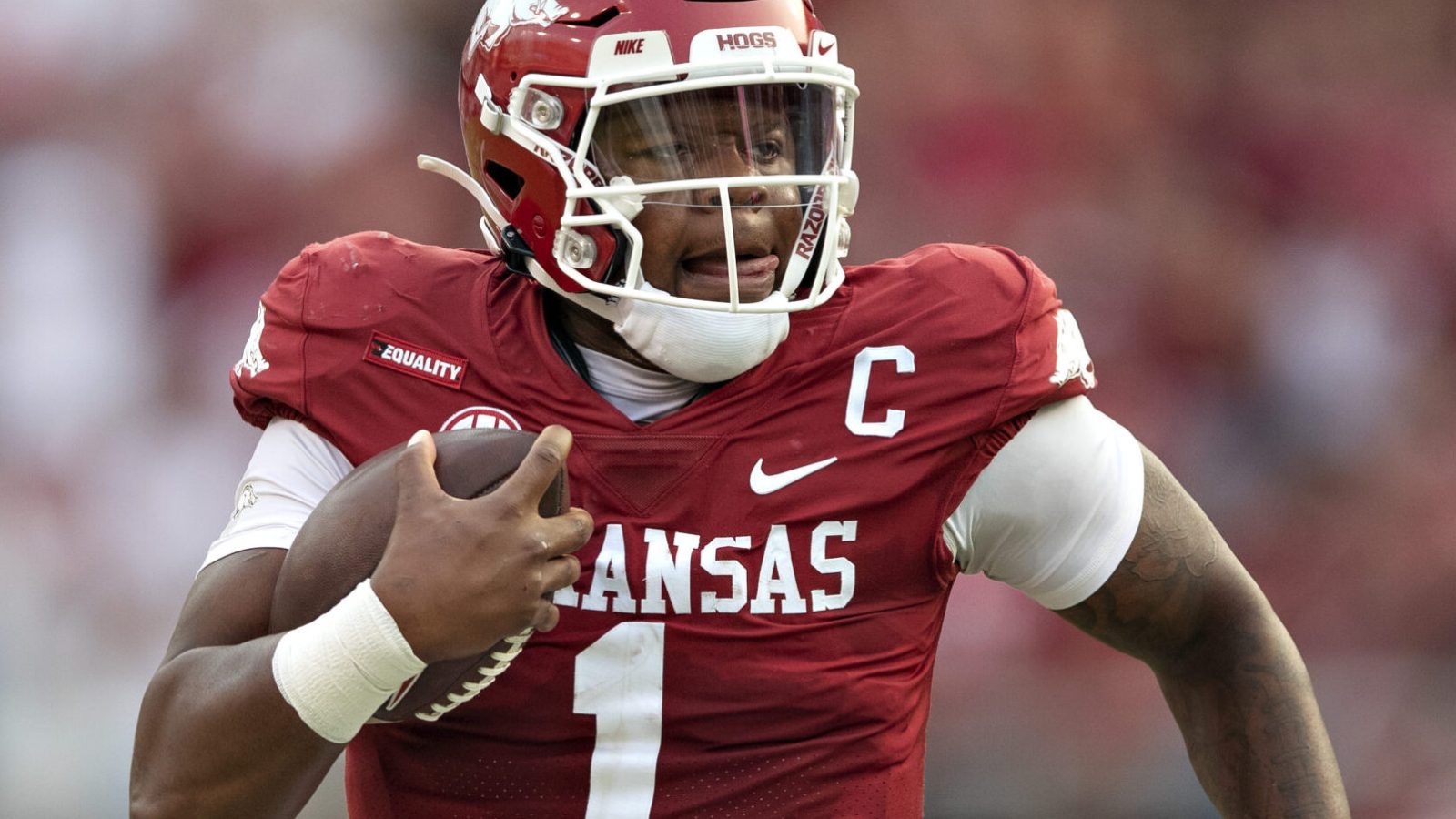 Arkansas quarterback KJ Jefferson, shown in a 2021 regular-season game.