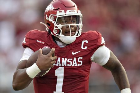 Arkansas quarterback KJ Jefferson, shown in a 2021 regular-season game.