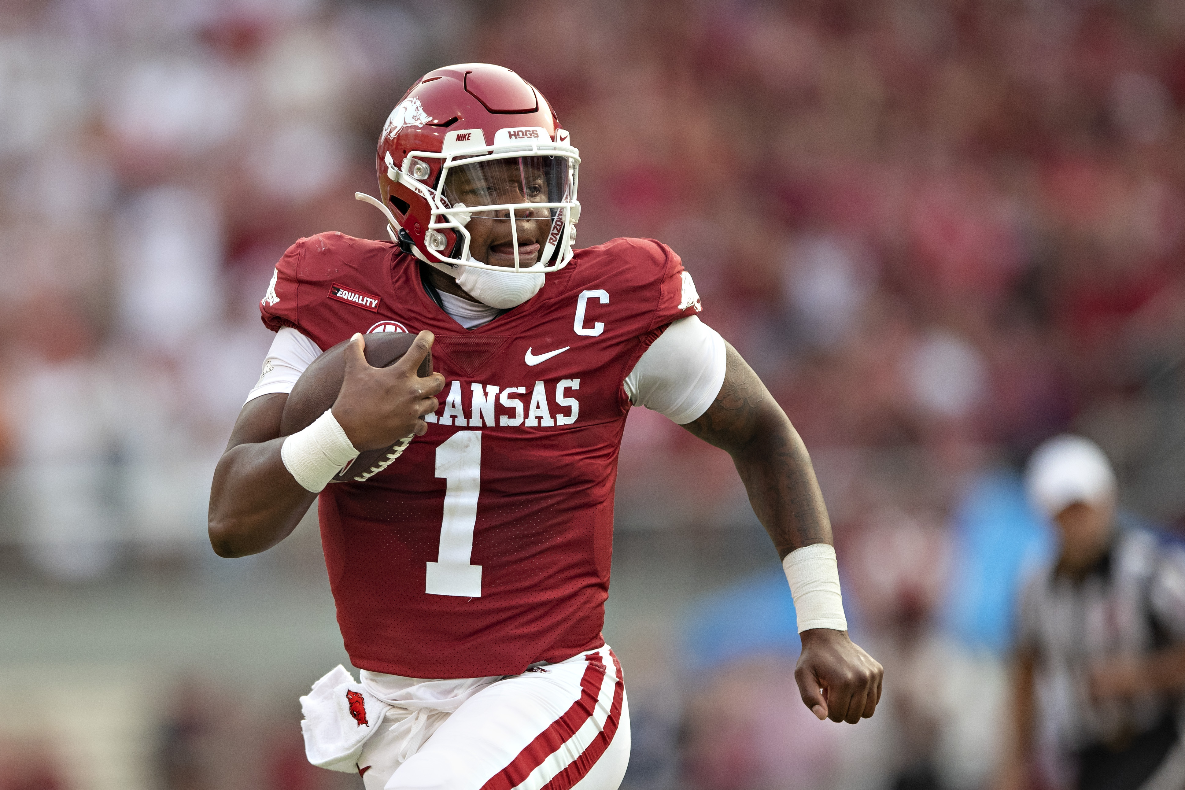 Arkansas quarterback KJ Jefferson, shown in a 2021 regular-season game.