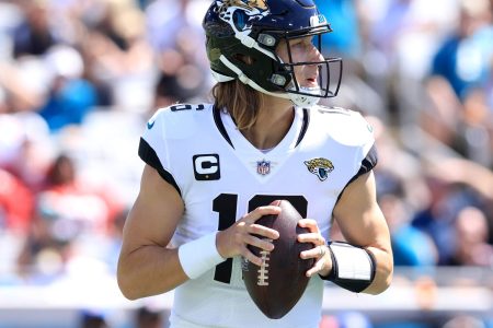 Jacksonville Jaguars quarterback Trevor Lawerence drops back to pass in a game