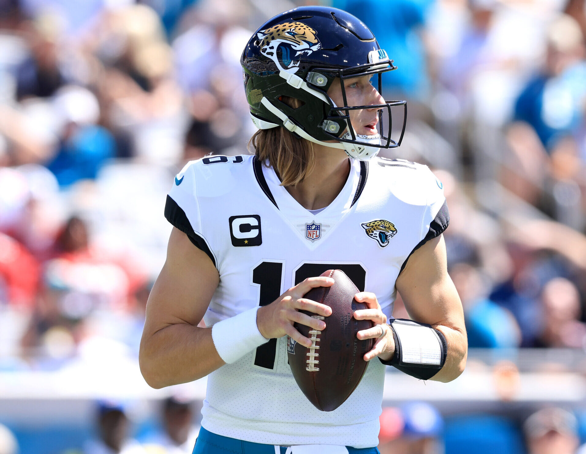 Jacksonville Jaguars quarterback Trevor Lawerence drops back to pass in a game