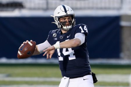 Penn State quarterback Sean Clifford #14 warms up before a 2021 home game.