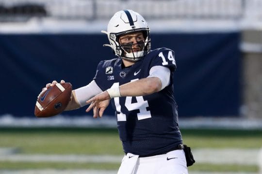 Penn State quarterback Sean Clifford #14 warms up before a 2021 home game.