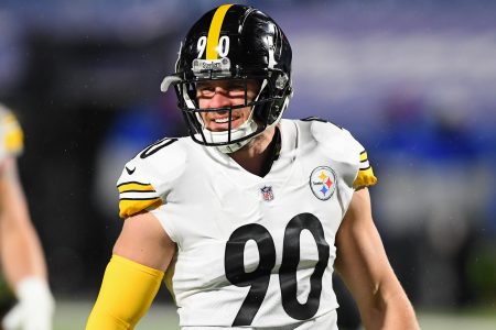 Pittsburgh Steelers linebacker J.J. Watt smiles after making a tackle in a game against the Buffalo Bills