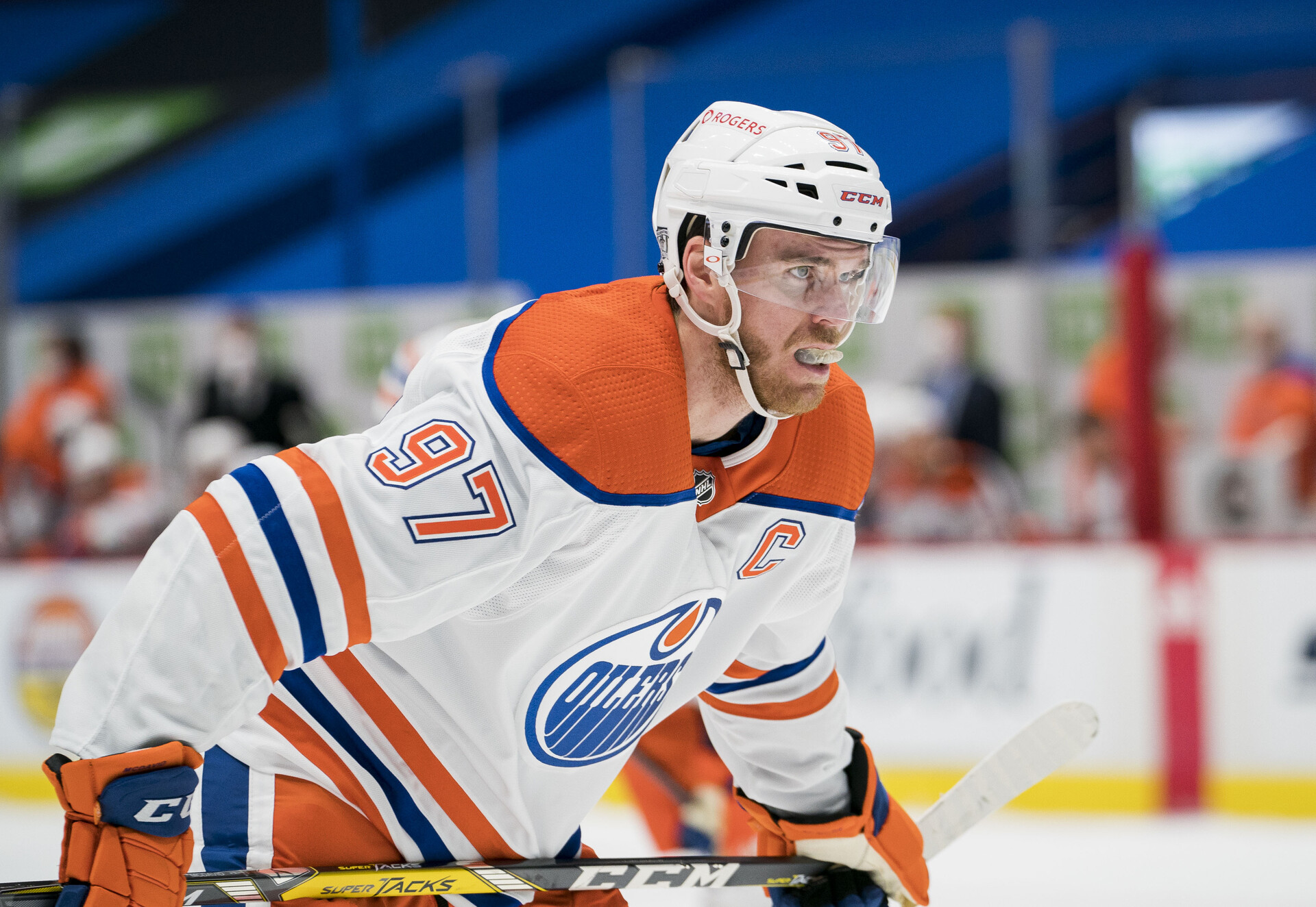 Edmonton Oilers center Connor McDavid gets ready for a face-off in a 2020 game.