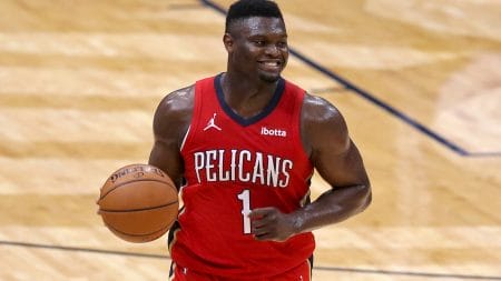 Spurs vs Pelicans Prediction Today: Zion Williamson dribbles down the court in a 2021 home game.