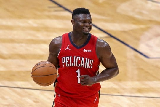 Spurs vs Pelicans Prediction Today: Zion Williamson dribbles down the court in a 2021 home game.