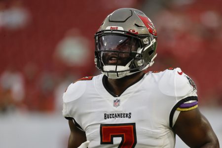 Tampa Bay running back #7 Leonard Fournette warms up prior to a 2021 game.