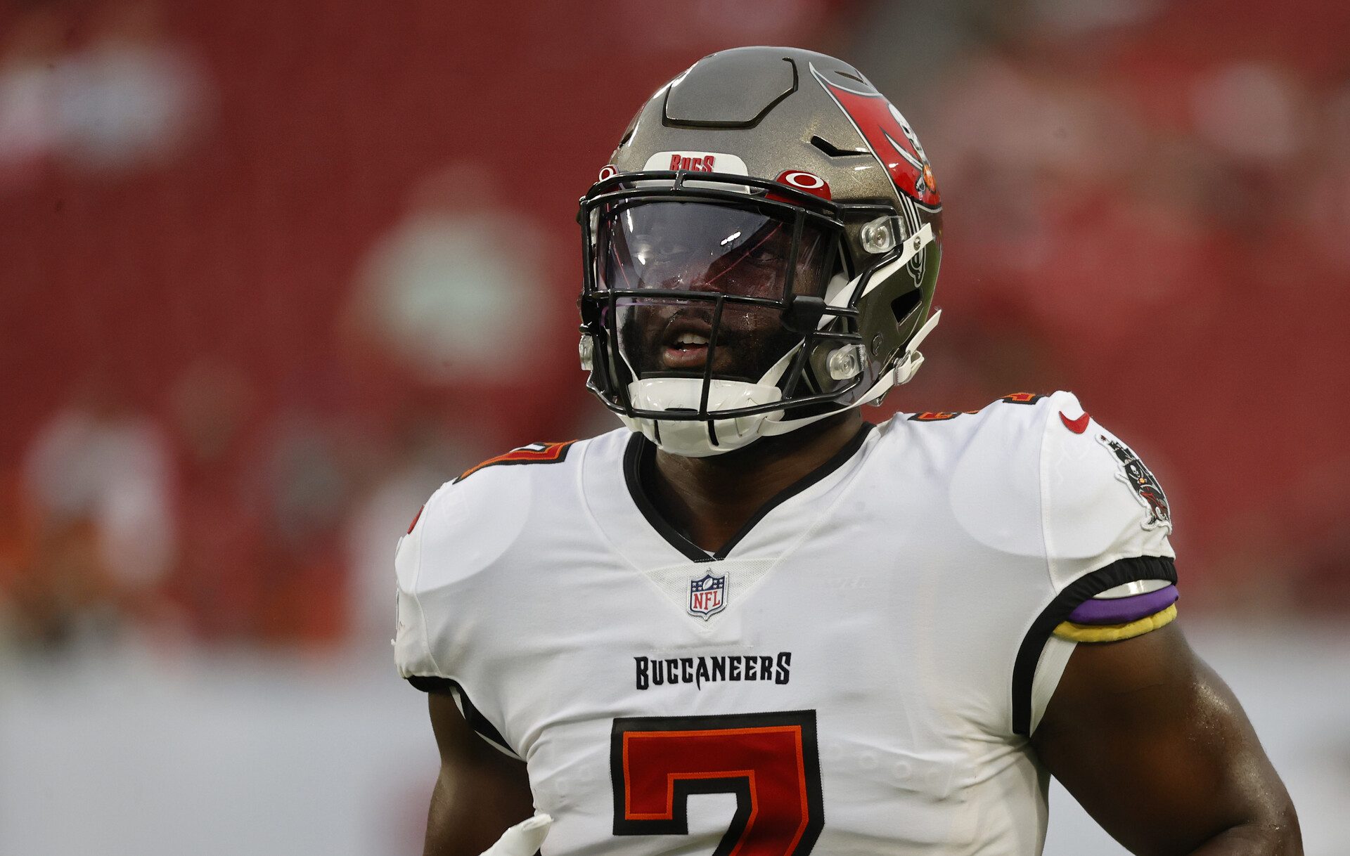 Tampa Bay running back #7 Leonard Fournette warms up prior to a 2021 game.
