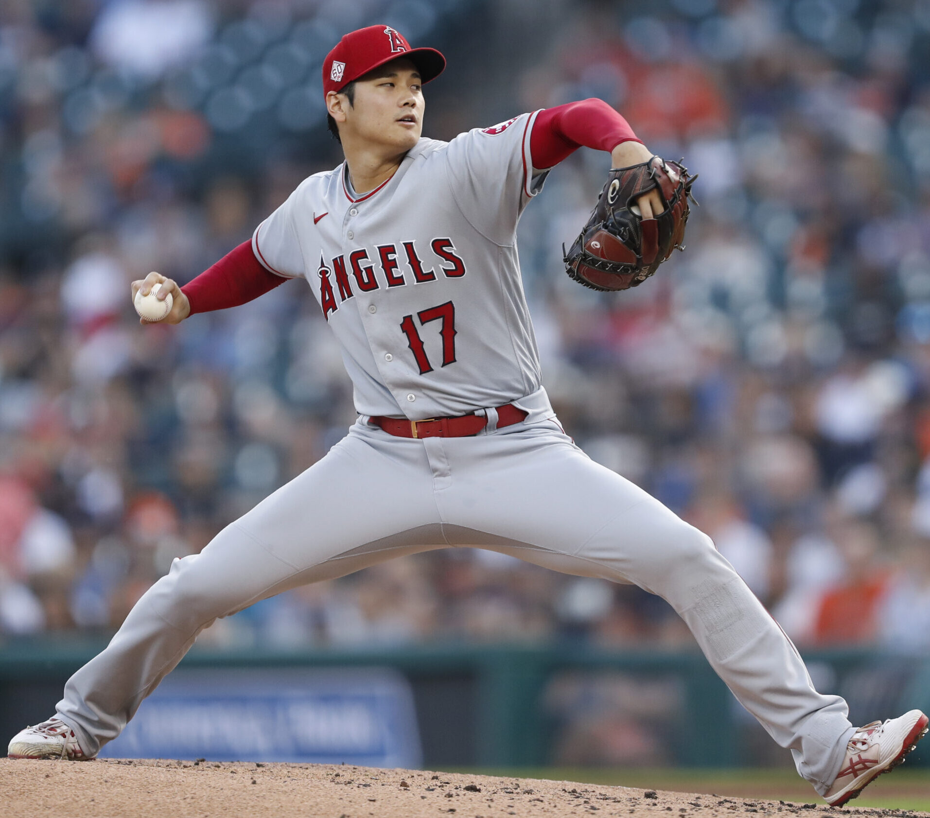 Los Angeles Angeles pitcher Shoehei Ohtani throws a pitch from the mound during a game