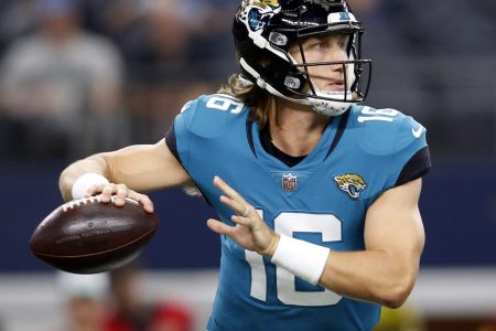 Jacksonville Jaguars quarterback Trevor Lawerence prepares to pass the ball downfield in a game