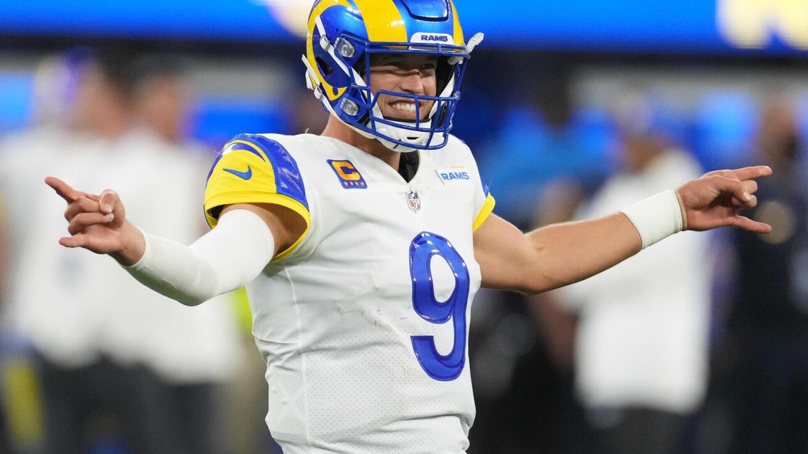 Los Angeles Rams quarterback Matthew Stafford #9 celebrates a touchdown pass in the Rams' 2021 season opening win over the Chicago Bears.