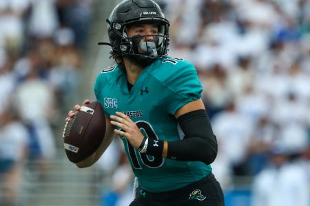 Coastal Carolina QB Grayson McCall looks downfield in a 2021 game.