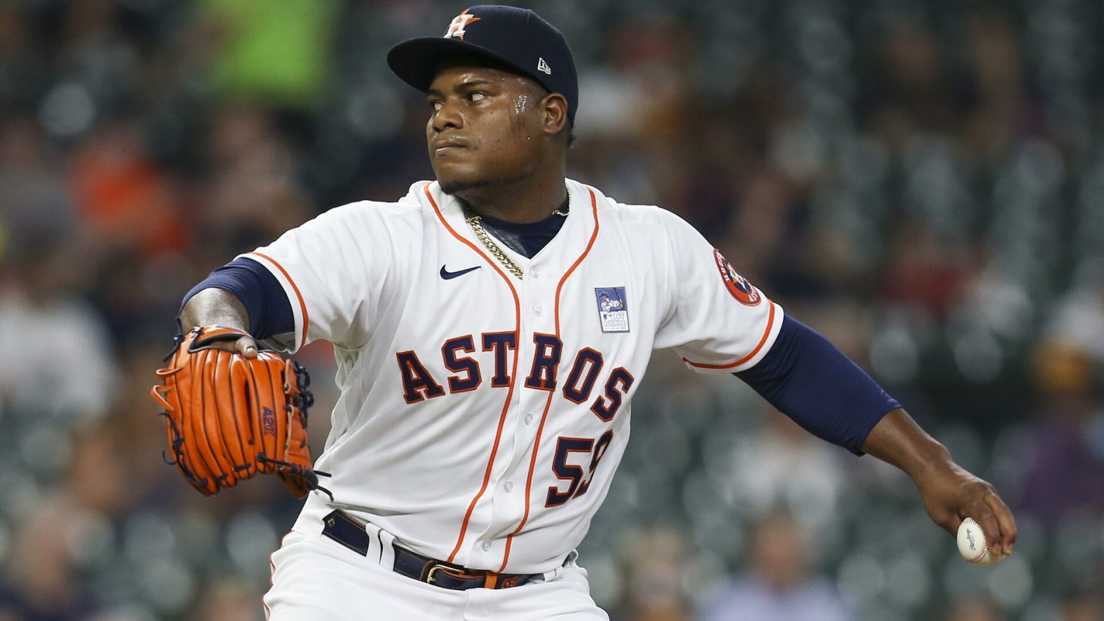Houston Astros pitcher Framber Valdez throws a pitch against the Boston Red Sox