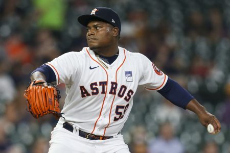 Houston Astros pitcher Framber Valdez throws a pitch against the Boston Red Sox