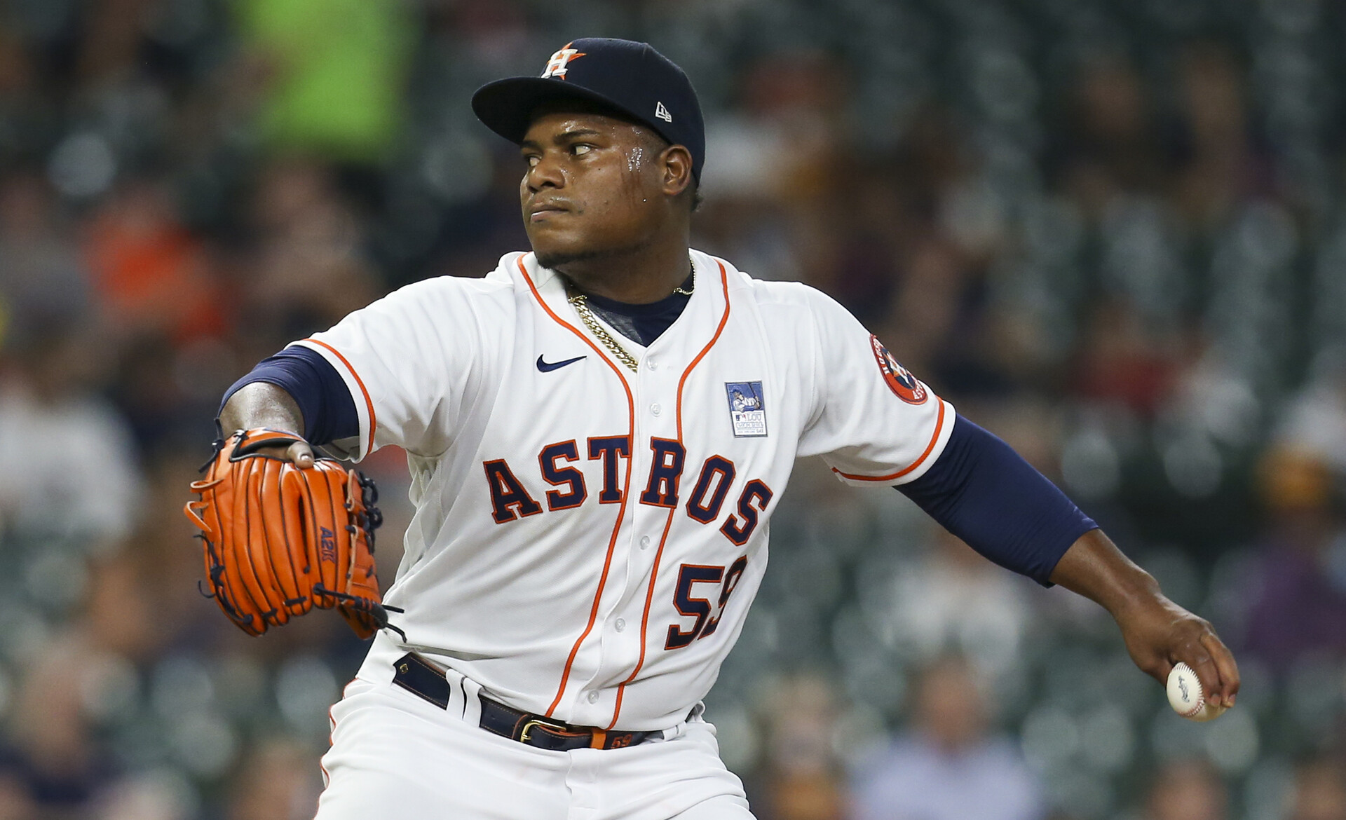 Houston Astros pitcher Framber Valdez throws a pitch against the Boston Red Sox