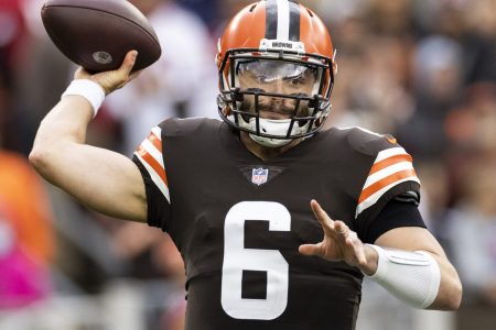 Cleveland Browns QB Baker Mayfield looks downfield in a 2021 home game.