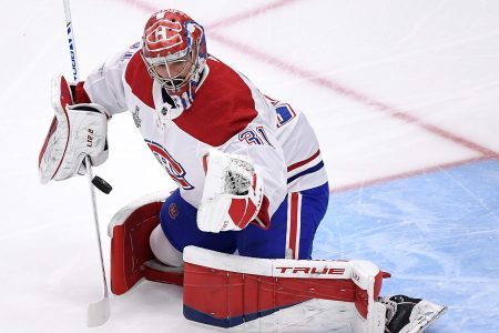 Montreal Canadiens goaltender Carey Price makes a save of a puck
