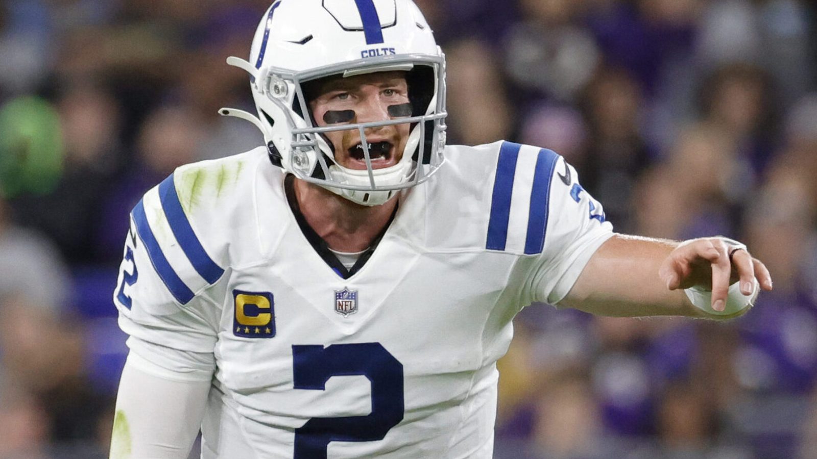 Oct 11, 2021; Baltimore, Maryland, USA; Indianapolis Colts quarterback Carson Wentz signals at the line of scrimmage