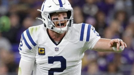 Oct 11, 2021; Baltimore, Maryland, USA; Indianapolis Colts quarterback Carson Wentz signals at the line of scrimmage