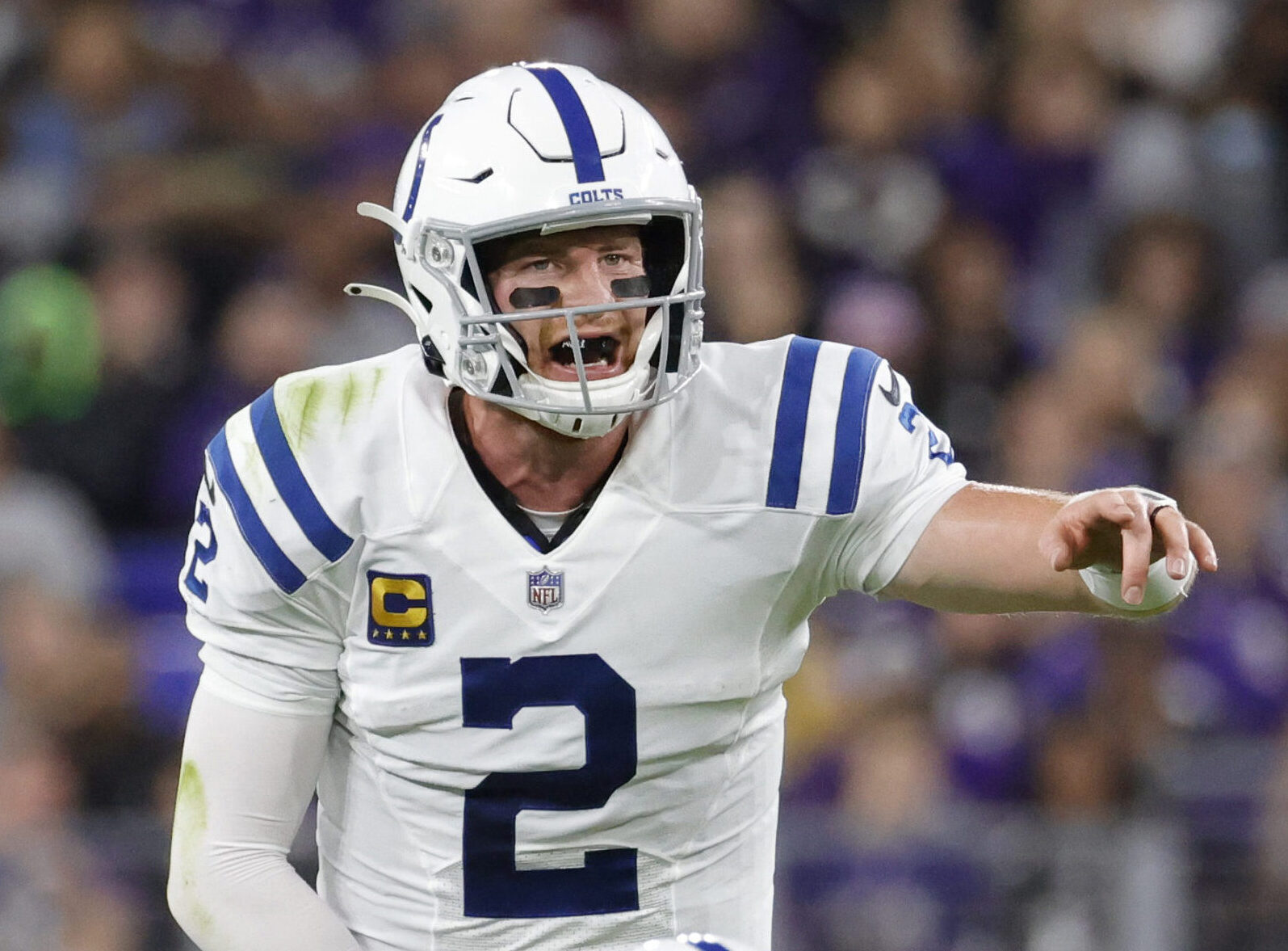 Oct 11, 2021; Baltimore, Maryland, USA; Indianapolis Colts quarterback Carson Wentz signals at the line of scrimmage
