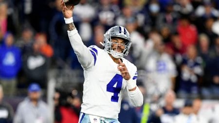 Dallas Cowboys quarterback Dak Prescott passes the ball against the New England Patriots