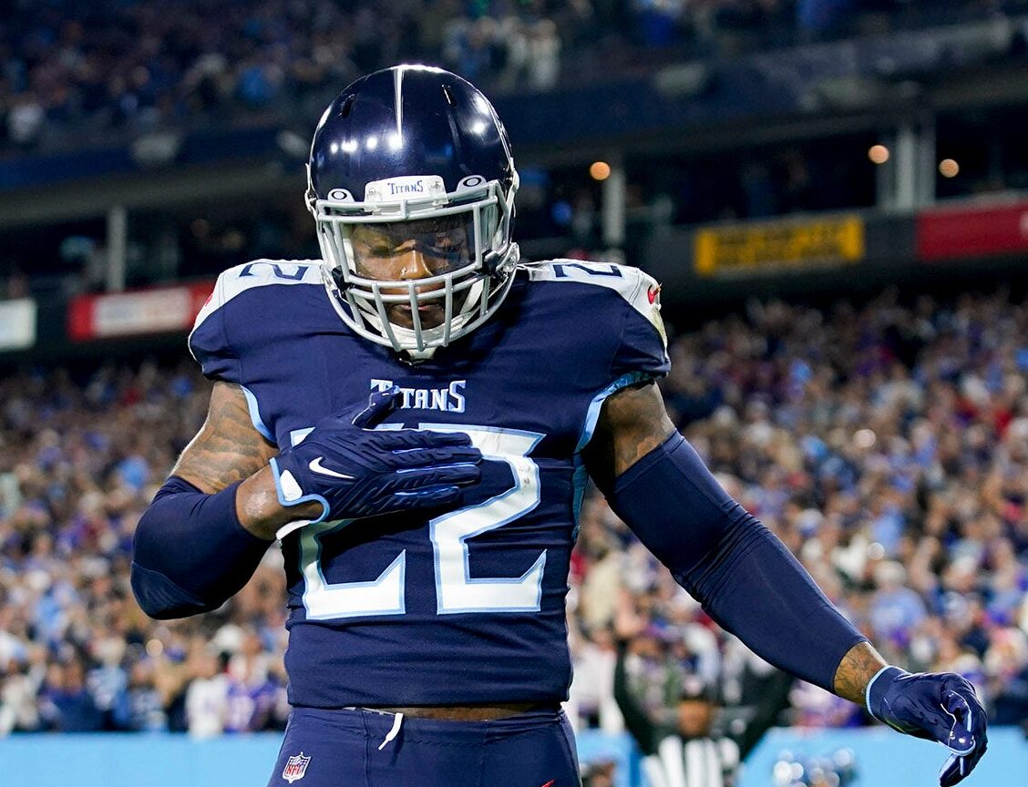 Tennessee Titans running back Derrick Henry celebrates after scoring a long touchdown against the Buffalo Bills