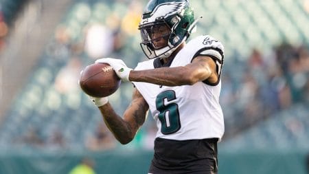Monday Night Football Props – Philadelphia Eagles wide receiver Devonta Smith catches a pass during pregame warmups