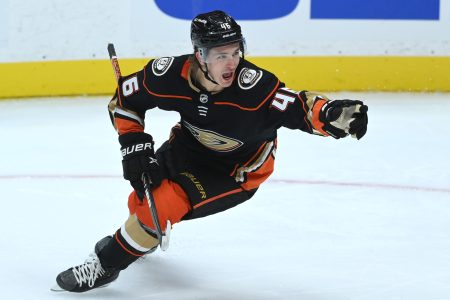 Anaheim Ducks center Trevor Zegras celebrates after scoring a goal in the third period against the Winnipeg Jets