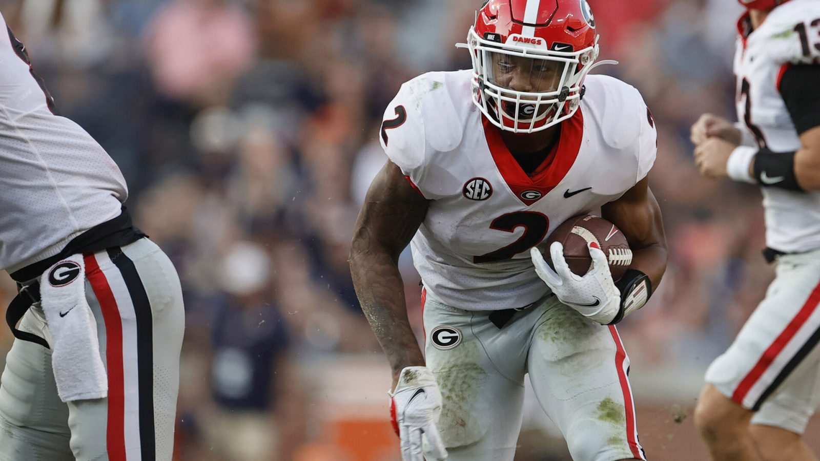 Georgia running back Kendall Milton runs with the football