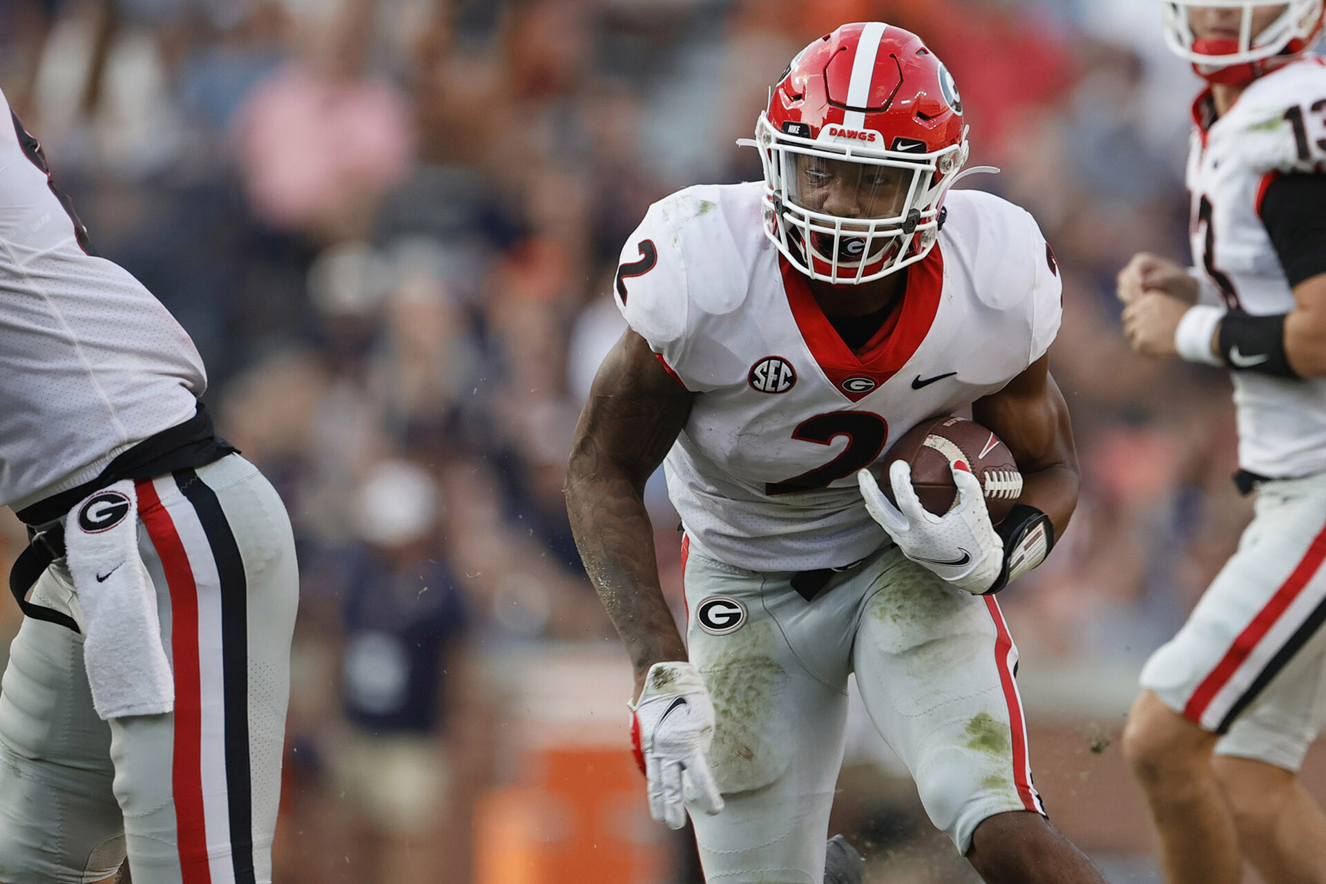 Georgia running back Kendall Milton runs with the football