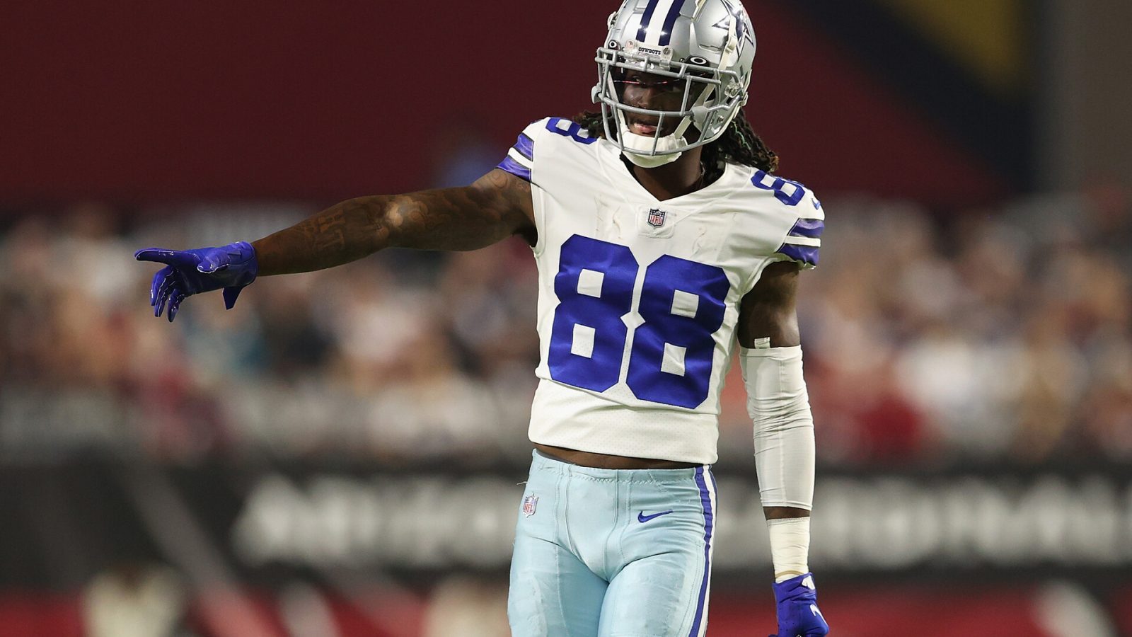 Dallas Cowboys wide receiver #88 CeeDee Lamb approaches the line of scrimmage in a 2021 road game.