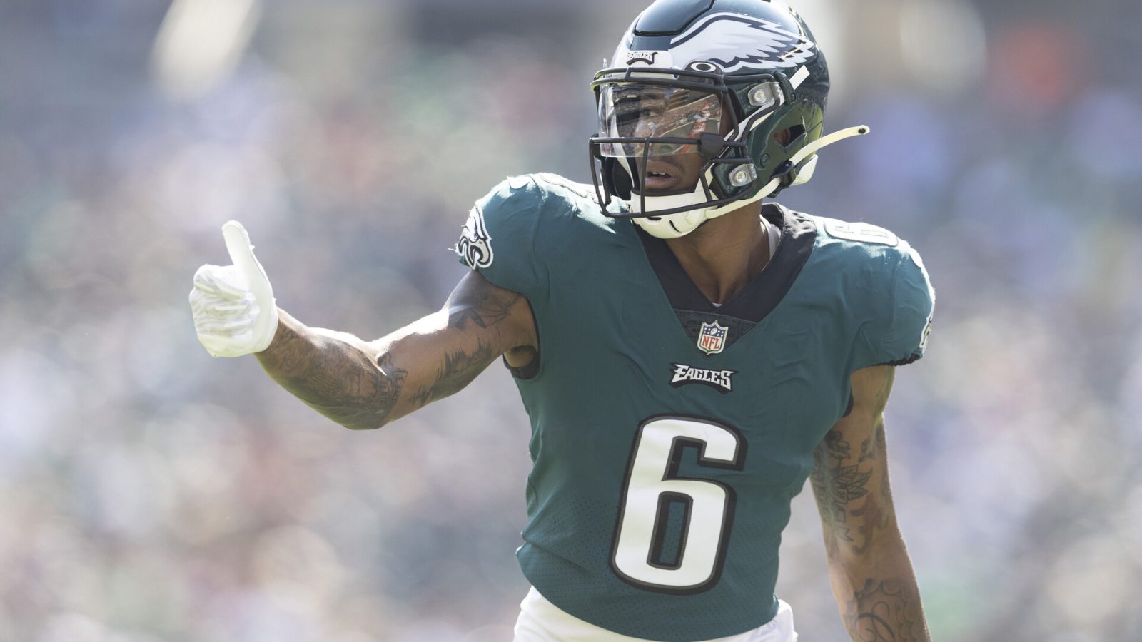 Philadelphia Eagles wide receiver Devonta Smith gets ready for the snap in a 2021 home game.