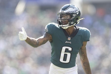 Philadelphia Eagles wide receiver Devonta Smith gets ready for the snap in a 2021 home game.