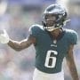 Philadelphia Eagles wide receiver Devonta Smith gets ready for the snap in a 2021 home game.
