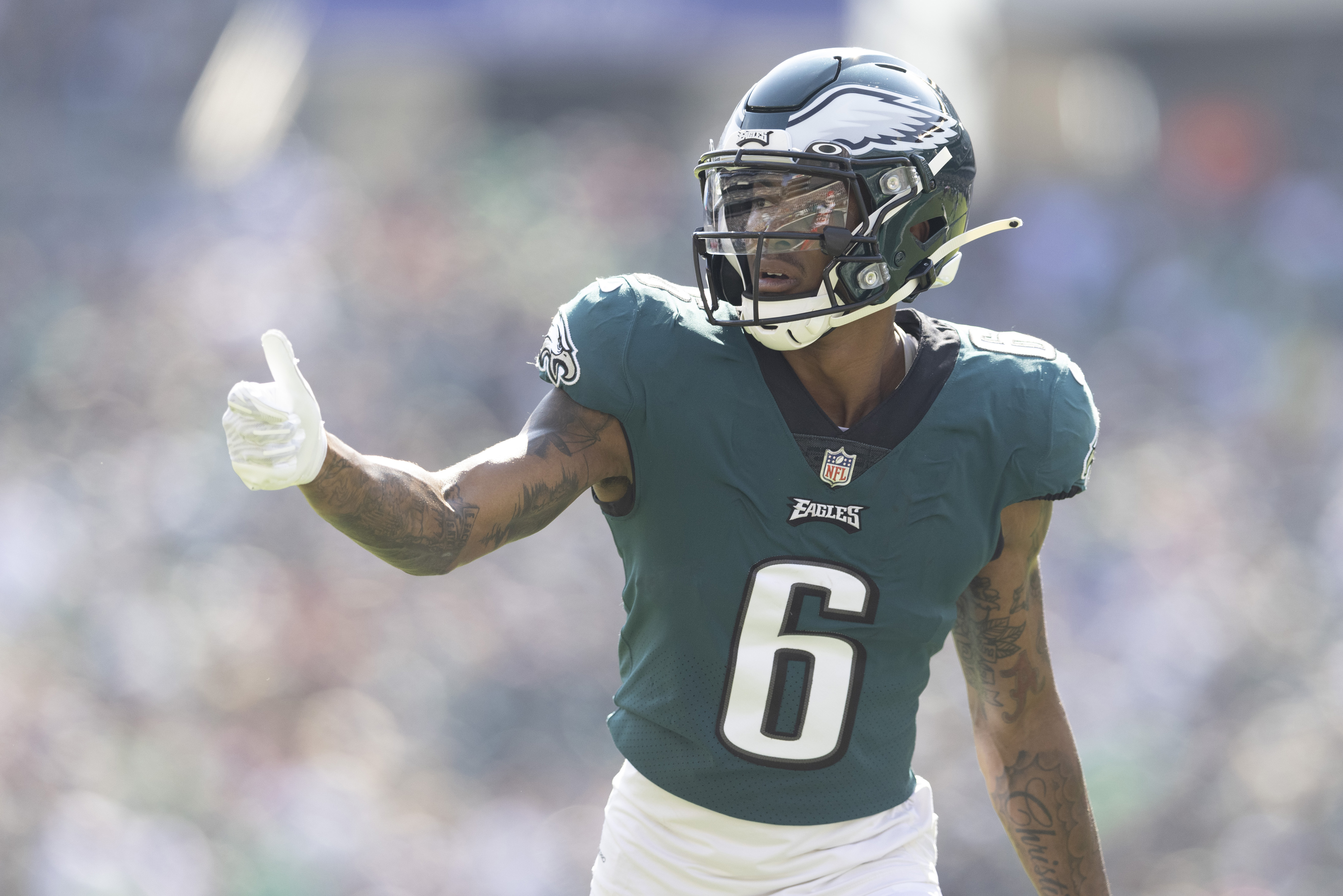 Philadelphia Eagles wide receiver Devonta Smith gets ready for the snap in a 2021 home game.