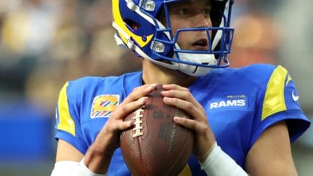 Los Angeles Rams quarterback #9 Matthew Stafford looks downfield in a 2021 home game.