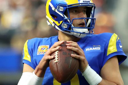 Los Angeles Rams quarterback #9 Matthew Stafford looks downfield in a 2021 home game.