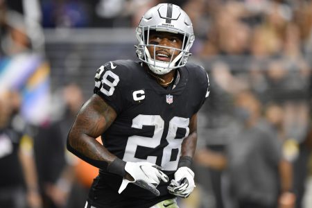 Las Vegas Raiders running back #28 Josh Jacobs in a 2021 home game.