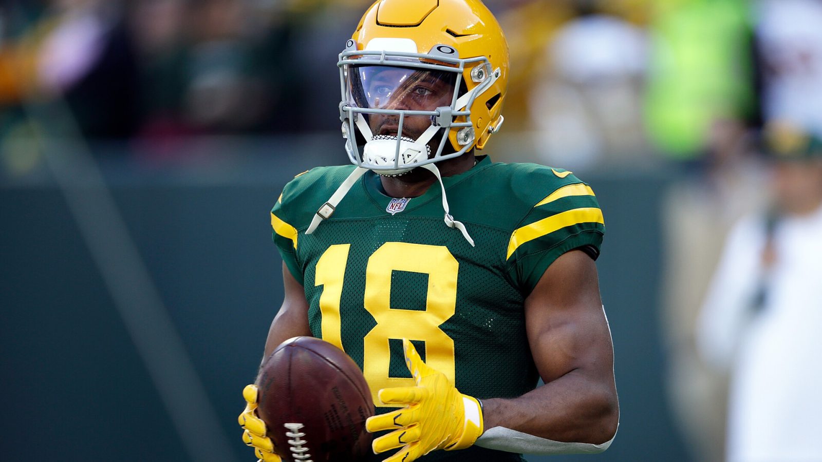 Randall Cobb #18 wide receiver of the Green Bay Packers warms up before a 2021 home game.