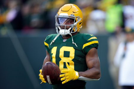 Randall Cobb #18 wide receiver of the Green Bay Packers warms up before a 2021 home game.