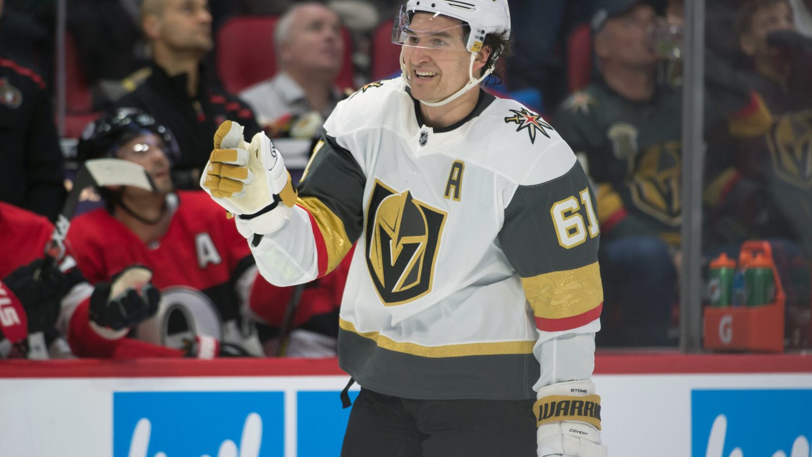 Vegas Golden Knights right wing Mark Stone celebrates after a goal